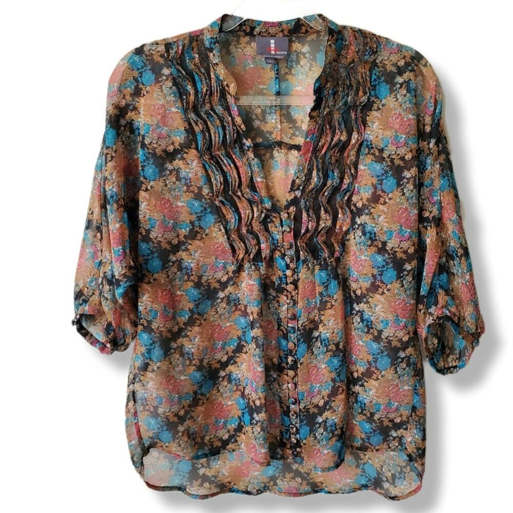 Y2K Women Buffalo Jeans Sheer Floral Blouse SP Cowgirl Casual Romantic Country